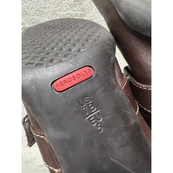 vtg Woman’s 7 Square Toe Leather Mule Heels Brown Block Heel Slip On Minimalist - Picture 7 of 8